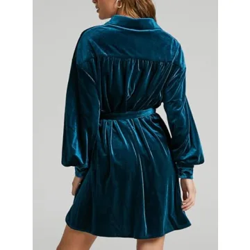 Melliflo Womens Fashion Velvet Dress Long Sleeve Button Down Mini Shirt Dress with Belt Work Office Fall Outfits Blue