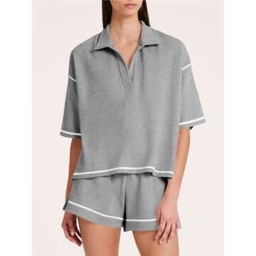 Tankaneo Womens Short Sleeve Pajama Sets Waffle Knit Oversized Top and Shorts Summer 2 Piece Lounge Sets with Pockets Grey