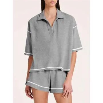Tankaneo Womens Short Sleeve Pajama Sets Waffle Knit Oversized Top and Shorts Summer 2 Piece Lounge Sets with Pockets Grey