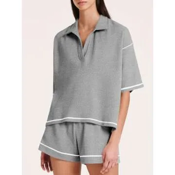 Tankaneo Womens Short Sleeve Pajama Sets Waffle Knit Oversized Top and Shorts Summer 2 Piece Lounge Sets with Pockets Grey