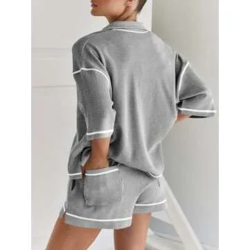 Tankaneo Womens Short Sleeve Pajama Sets Waffle Knit Oversized Top and Shorts Summer 2 Piece Lounge Sets with Pockets Grey