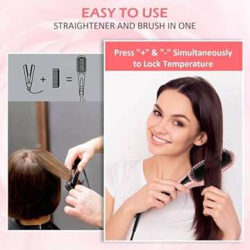 Ionic Straightening Brush, GLAMFIELDS Hair Straightener Brush with Anti-Scald, Anti Frizz, 30s Fast Ceramic Heating, Auto Temperature Lock & Auto-Off, Dual Voltage Straightening Comb for Home, Travel