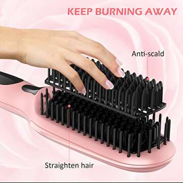 Ionic Straightening Brush, GLAMFIELDS Hair Straightener Brush with Anti-Scald, Anti Frizz, 30s Fast Ceramic Heating, Auto Temperature Lock & Auto-Off, Dual Voltage Straightening Comb for Home, Travel