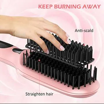 Ionic Straightening Brush, GLAMFIELDS Hair Straightener Brush with Anti-Scald, Anti Frizz, 30s Fast Ceramic Heating, Auto Temperature Lock & Auto-Off, Dual Voltage Straightening Comb for Home, Travel