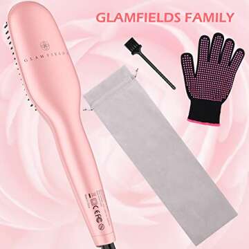 Ionic Straightening Brush, GLAMFIELDS Hair Straightener Brush with Anti-Scald, Anti Frizz, 30s Fast Ceramic Heating, Auto Temperature Lock & Auto-Off, Dual Voltage Straightening Comb for Home, Travel