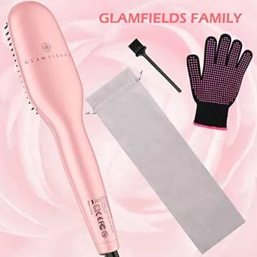 Ionic Straightening Brush, GLAMFIELDS Hair Straightener Brush with Anti-Scald, Anti Frizz, 30s Fast Ceramic Heating, Auto Temperature Lock & Auto-Off, Dual Voltage Straightening Comb for Home, Travel