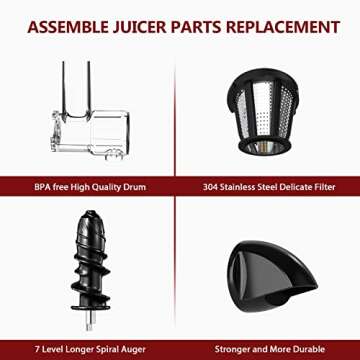 KOIOS Juicer, Slow Masticating Juicer Extractor with Reverse Function, Cold Press Juicer Machine with Quiet Motor, Juice Jug and Brush for High Nutrie (Red-Black)