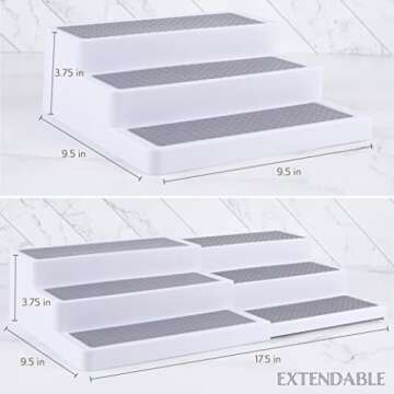 Oizeir Plastic 3-Tier Expandable Spice Rack, Adjustable Length, Stability with Non-Skid Shelf, For Easy Visibility, Organizer for Kitchen Cabinet, Pantry or Countertop, (2-Pack), White/Grey