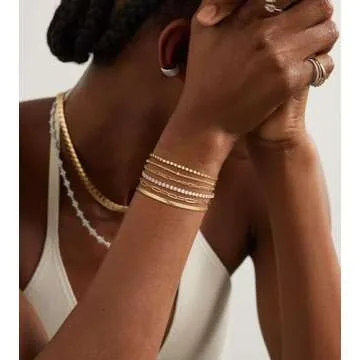 DEARMAY Dainty Gold Bracelets for Women Trendy 14K Real Gold Plated Tennis Jewelry Set Waterproof Fashion Stackable Beaded Figaro Herringbone Paperclip Link Chain Bracelet Pack Stack Gifts for Womens