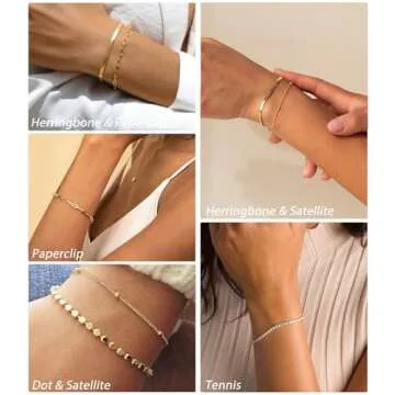 DEARMAY Dainty Gold Bracelets for Women Trendy 14K Real Gold Plated Tennis Jewelry Set Waterproof Fashion Stackable Beaded Figaro Herringbone Paperclip Link Chain Bracelet Pack Stack Gifts for Womens
