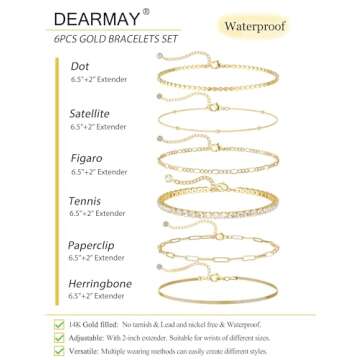 DEARMAY Dainty Gold Bracelets for Women Trendy 14K Real Gold Plated Tennis Jewelry Set Waterproof Fashion Stackable Beaded Figaro Herringbone Paperclip Link Chain Bracelet Pack Stack Gifts for Womens