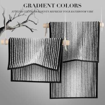 BSICPRO Bathroom Rugs and Mats Sets, 2 Piece Thick Absorbent Chenille Bath Mat Rug Set Non Slip, Soft Shaggy Bath Room Floor Mats for Bathroom, Machine Washable (20" x 47" Plus 16" x 24", Black)