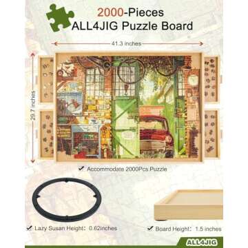 ALL4JIG 2000 Piece Rotating Puzzle Board with Drawers and Cover,29.7"x41.3"Portable Wooden Jigsaw Puzzle Table for Adults Portable,Lazy Susan Spinning Puzzle Boards Birthday Gift for mom