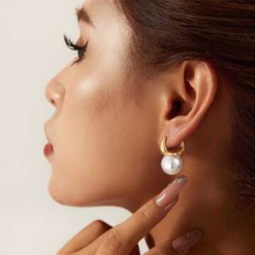 Moodear Gold Pearl Earrings for Women Trendy Dainty 14K Gold Plated Pearl Drop Hoop Earrings Elegant...