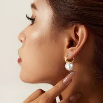 Moodear Gold Pearl Earrings for Women Trendy Dainty 14K Gold Plated Pearl Drop Hoop Earrings Elegant...