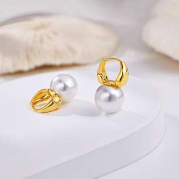 Moodear Gold Pearl Earrings for Women Trendy Dainty 14K Gold Plated Pearl Drop Hoop Earrings Elegant Hypoallergenic AAA+ Freshwater Pearls Gold Dangle Earrings Wedding Jewelry Gifts for Women
