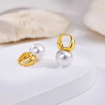 Moodear Gold Pearl Earrings for Women Trendy Dainty 14K Gold Plated Pearl Drop Hoop Earrings Elegant Hypoallergenic AAA+ Freshwater Pearls Gold Dangle Earrings Wedding Jewelry Gifts for Women