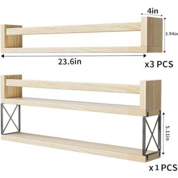 QimCoor 23.6 inch Kids Bookshelf, 4Pack Floating Bookshelves for Wall, Solid Wood Nursery Book Shelves, Wall Shelves for Living Room Bedroom Decor, Natural