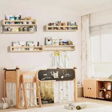 QimCoor 23.6 inch Kids Bookshelf, 4Pack Floating Bookshelves for Wall, Solid Wood Nursery Book Shelves, Wall Shelves for Living Room Bedroom Decor, Natural