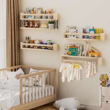 QimCoor 23.6 inch Kids Bookshelf, 4Pack Floating Bookshelves for Wall, Solid Wood Nursery Book Shelves, Wall Shelves for Living Room Bedroom Decor, Natural