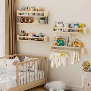 QimCoor 23.6 inch Kids Bookshelf, 4Pack Floating Bookshelves for Wall, Solid Wood Nursery Book Shelves, Wall Shelves for Living Room Bedroom Decor, Natural