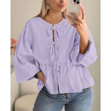 PRETTYGARDEN Women's Babydoll Peplum Blouse Shirt Puff Long Sleeve Bow Tie Front Trendy Cute Y2K Going Out Tops (Solid Light Purple,XX-Large)