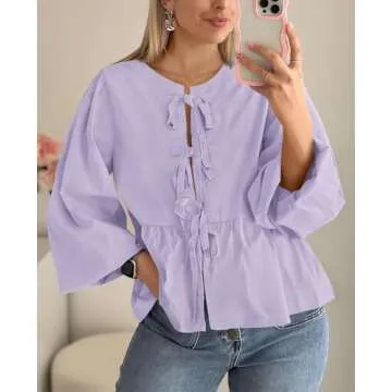PRETTYGARDEN Women's Babydoll Peplum Blouse Shirt Puff Long Sleeve Bow Tie Front Trendy Cute Y2K Going Out Tops (Solid Light Purple,XX-Large)