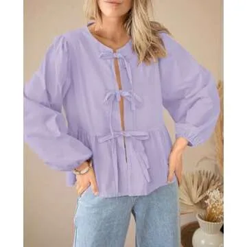 PRETTYGARDEN Women's Babydoll Peplum Blouse Shirt Puff Long Sleeve Bow Tie Front Trendy Cute Y2K Going Out Tops (Solid Light Purple,XX-Large)