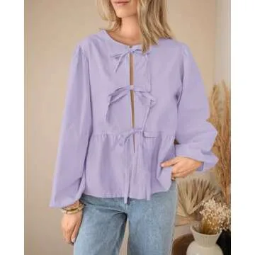 PRETTYGARDEN Women's Babydoll Peplum Blouse Shirt Puff Long Sleeve Bow Tie Front Trendy Cute Y2K Going Out Tops (Solid Light Purple,XX-Large)
