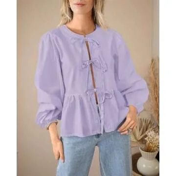 PRETTYGARDEN Women's Babydoll Peplum Blouse Shirt Puff Long Sleeve Bow Tie Front Trendy Cute Y2K Going Out Tops (Solid Light Purple,XX-Large)