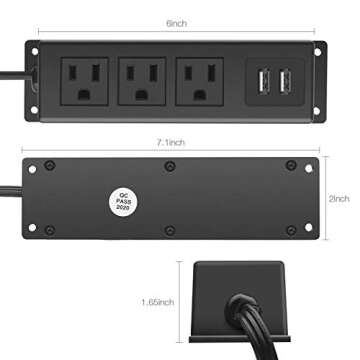 CCCEI 3 Outlets Wall Mount Power Outlet Strip with USB, Under Desk Power Strip Mountable Large Flat Plug, Desk Mount, 6FT Power Cord.