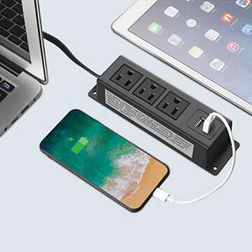 CCCEI 3 Outlets Wall Mount Power Outlet Strip with USB, Under Desk Power Strip Mountable Large Flat Plug, Desk Mount, 6FT Power Cord.