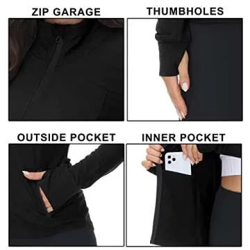 COZZIPLUS Women Zip up Athletic Running Jacket Lightweight Workout Yoga Top with Thumb Holes and Pocket (Black, L)