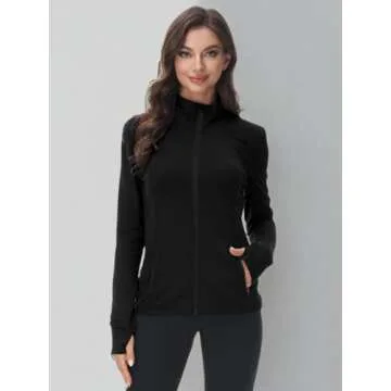 COZZIPLUS Women Zip up Athletic Running Jacket Lightweight Workout Yoga Top with Thumb Holes and Pocket (Black, L)