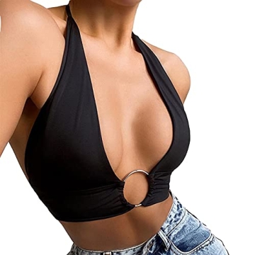 OOTaoper Women's Halter Wrap Y2K Crop Top Lace Up Metal Front Solid Strappy Self-Tie Backless Cami Tank Tops (X-Large,Black)
