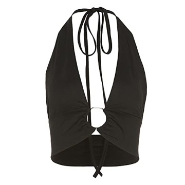 OOTaoper Women's Halter Wrap Y2K Crop Top Lace Up Metal Front Solid Strappy Self-Tie Backless Cami Tank Tops (X-Large,Black)