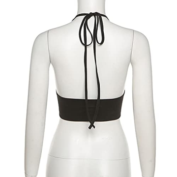 OOTaoper Women's Halter Wrap Y2K Crop Top Lace Up Metal Front Solid Strappy Self-Tie Backless Cami Tank Tops (X-Large,Black)