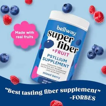 Bellway Super Fiber Powder + Fruit, Sugar Free Organic Psyllium Husk Powder Fiber Supplement for Reg...