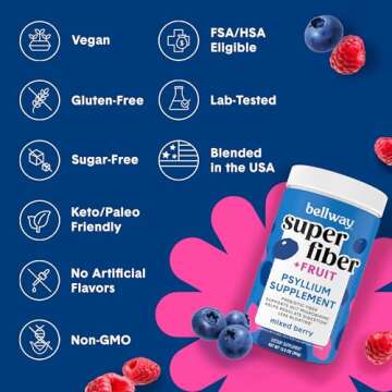 Bellway Super Fiber Powder + Fruit, Sugar Free Organic Psyllium Husk Powder Fiber Supplement for Regularity, Bloating Relief & Gut Health, Non-GMO, Plant-Based, Mixed Berry (50 Servings)