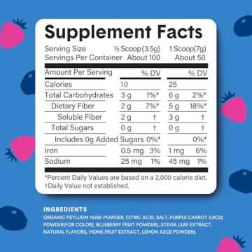 Bellway Super Fiber Powder + Fruit, Sugar Free Organic Psyllium Husk Powder Fiber Supplement for Regularity, Bloating Relief & Gut Health, Non-GMO, Plant-Based, Mixed Berry (50 Servings)