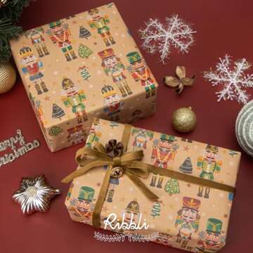 Ribbli Christmas Wrapping Paper Jumbo Roll Vintage Nutcracker Kraft Gift Wrapping Paper Rolls 30 Inch x 33 Feet Per Roll for Christmas Holidy