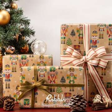 Ribbli Christmas Wrapping Paper Jumbo Roll Vintage Nutcracker Kraft Gift Wrapping Paper Rolls 30 Inch x 33 Feet Per Roll for Christmas Holidy