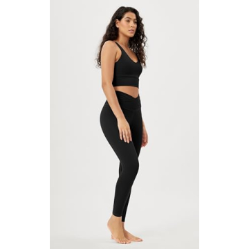 ODODOS Women's Cross Waist 7/8 Yoga Leggings with Inner Pocket, Inseam 25" Gathered Crossover Workout Yoga Pants, Black, X-Small