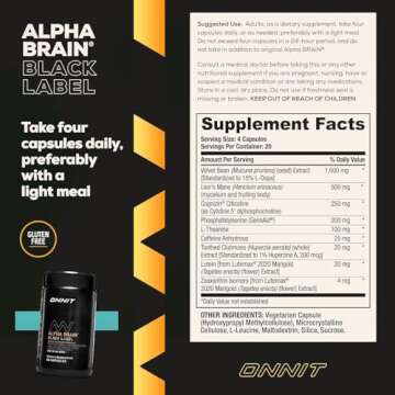 ONNIT Alpha Brain Black Label Capsule (80ct) Premium Citicoline Brain Supplement - Focus, Concentration & Memory - Lion's Mane, Hericium Erinaceus, L Theanine & Mucuna Pruriens