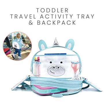 Lulyboo Toddler Car Seat Tray and Backpack - Unicorn Travel Tray with Firm Writing Surface - Kids Lap Desk, Built-in Cup Holder and 8 Storage Pockets