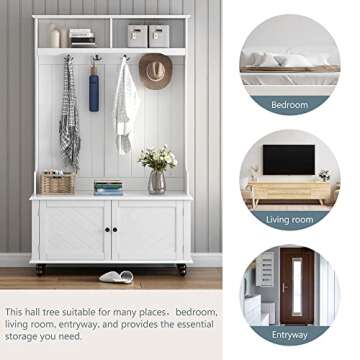 Merax 40 inch Hall Tree Entryway Bench with Storage Cabinet, 4 Hooks Coat Racks for Entrance, Hallway White