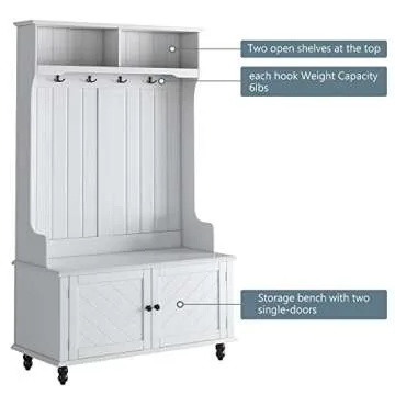 Merax 40 inch Hall Tree Entryway Bench with Storage Cabinet, 4 Hooks Coat Racks for Entrance, Hallway White