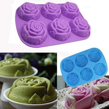 SENHAI Large Rose Flower Silicone Tray for Cake Bread Pudding Chocolate Muffin Soap, 6-Cavity 3D Ice Cube Handmade Molds- Purple & Blue & Pink