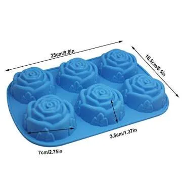 SENHAI Large Rose Flower Silicone Tray for Cake Bread Pudding Chocolate Muffin Soap, 6-Cavity 3D Ice Cube Handmade Molds- Purple & Blue & Pink
