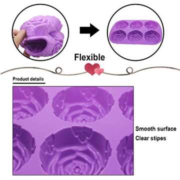SENHAI Large Rose Flower Silicone Tray for Cake Bread Pudding Chocolate Muffin Soap, 6-Cavity 3D Ice Cube Handmade Molds- Purple & Blue & Pink